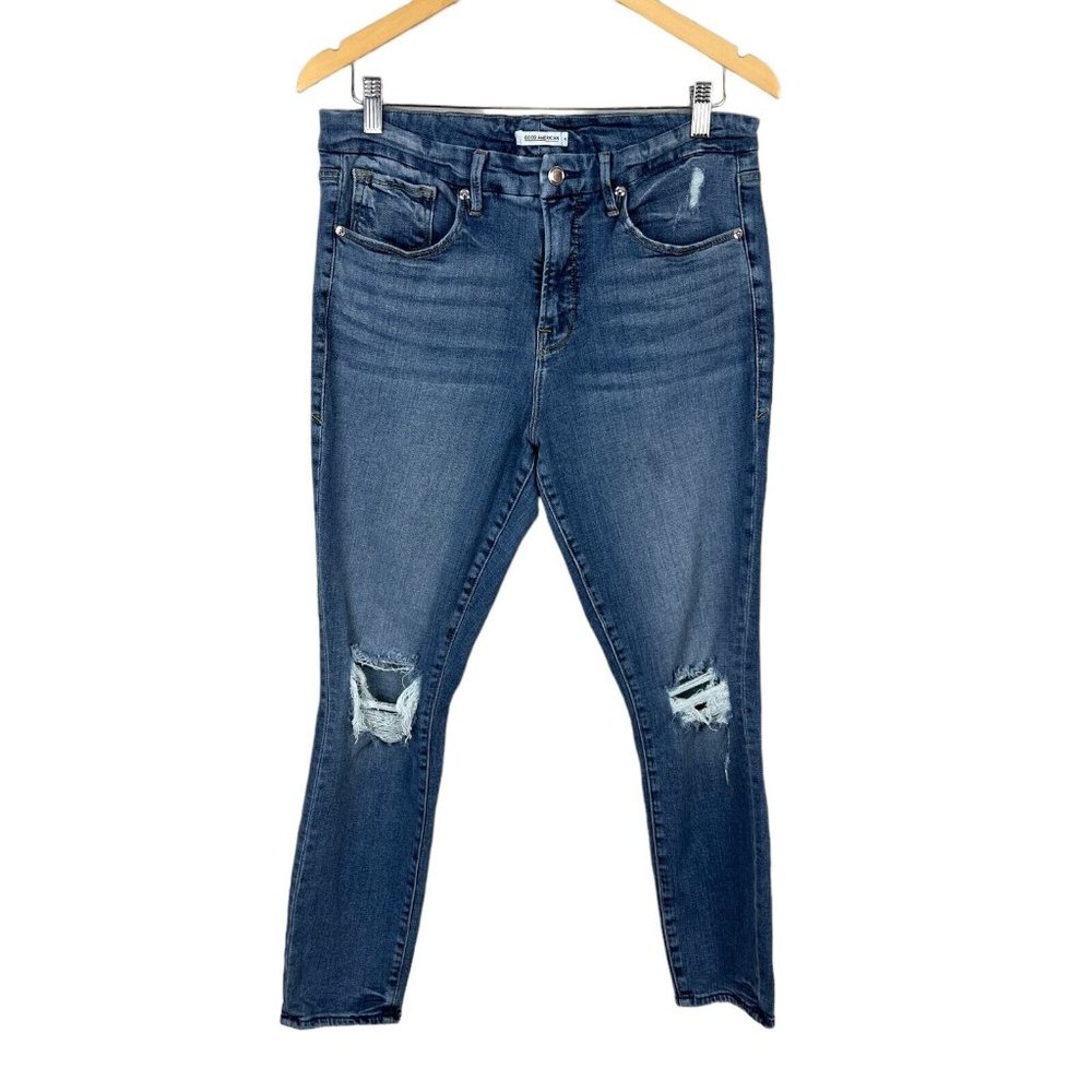 Good American Good Legs Crop Jeans Womens 14 32 Blue Distressed Skinny Stretch